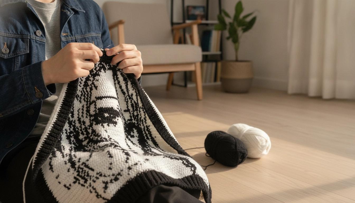 A partially completed tapestry crochet panel showing the lower half of an anime face graphic.