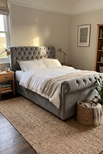 Dark grey ottoman double bed with Chesterfield rolled headboard.png