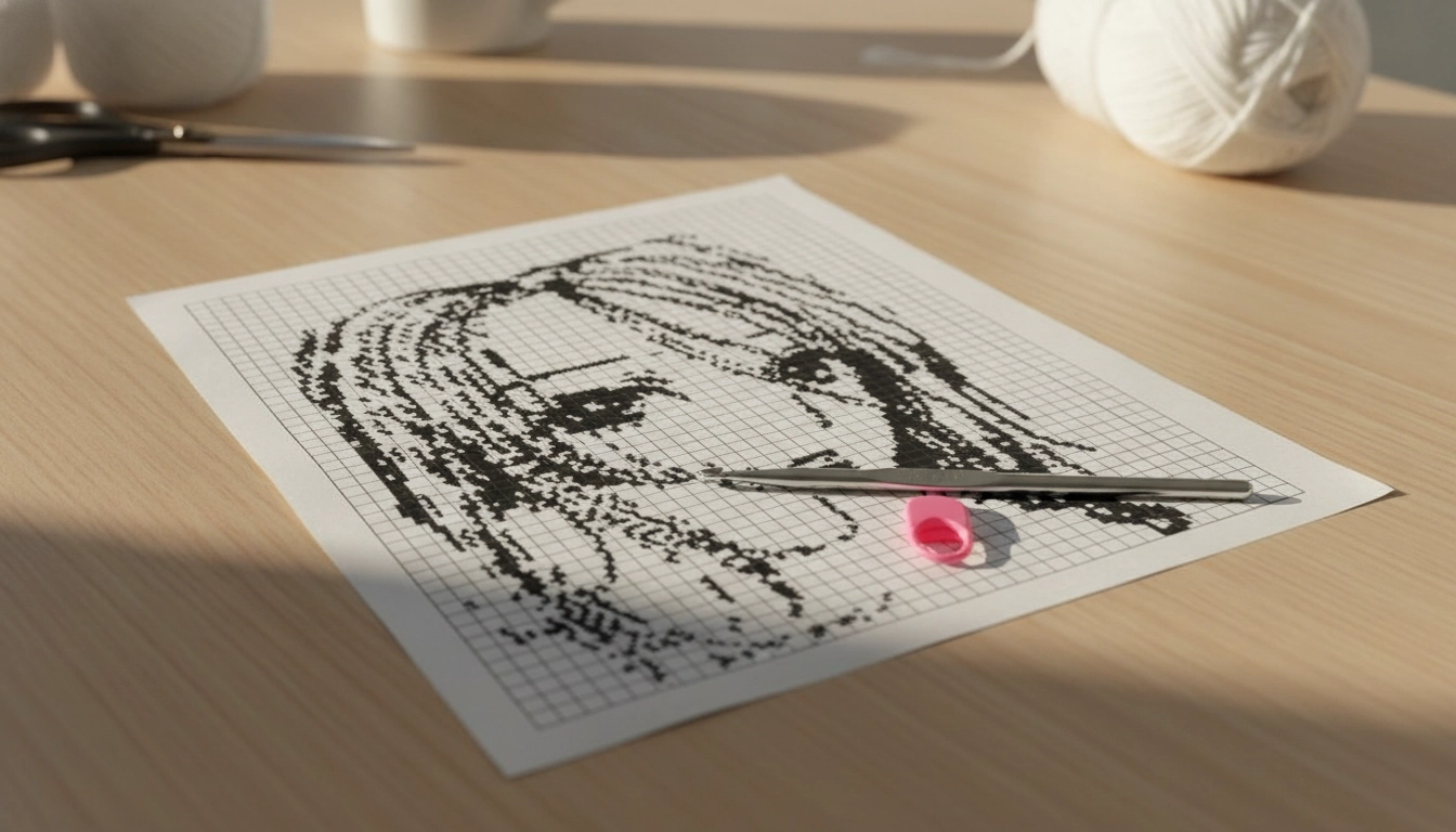 A printed black and white grid chart showing an anime girl's face with a crochet hook resting on top.