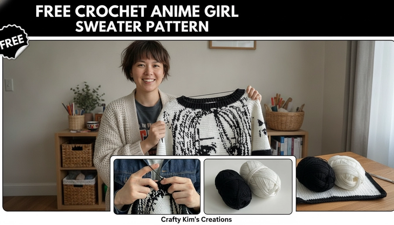 A cozy, amateur flat lay of a handmade sweater featuring a high-contrast black and white pixelated portrait, based on the Free Crochet Anime Girl Sweater Pattern.