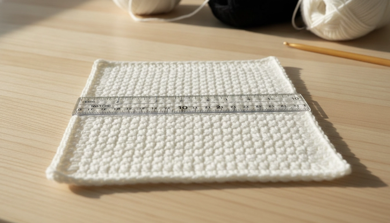 A square crochet swatch with a ruler measuring the stitch count per ten centimeters.