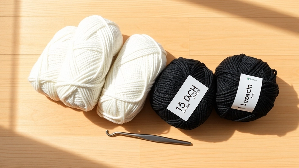 Skeins of stark white and jet black organic cotton yarn next to a silver crochet hook.