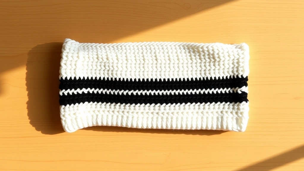 A completed white crochet sleeve with a bold black stripe and stretchy ribbed cuff.
