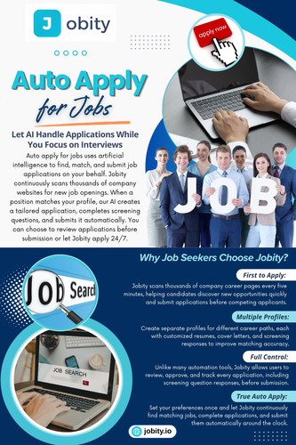 With systems designed for Auto apply for jobs, candidates can reduce repetitive tasks and improve application speed significantly.

Read Our Blog: 
https://site-cf17yp7a0.godaddysites.com/f/job-application-automation
https://app.notion.com/p/Job-application-automation-38103d3b38a880648e2ff38fd629ea62           
https://jobity.nicepage.io/   

More Links:
https://www.40billion.com/profile/543741907
https://www.tripadvisor.in/Profile/jobityio
https://www.crowdreviews.com/jobity