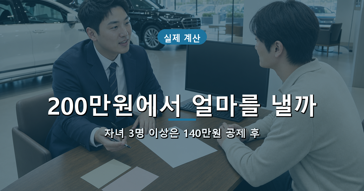 취득세 200만원인 5인승 승용차의 자녀 수별 감면액과 납부액 계산