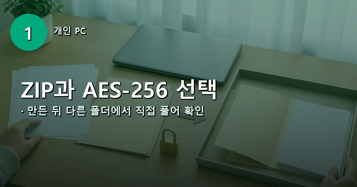 7-Zip에서 ZIP과 AES-256을 선택하고 완성 파일을 시험 해제하는 순서 안내