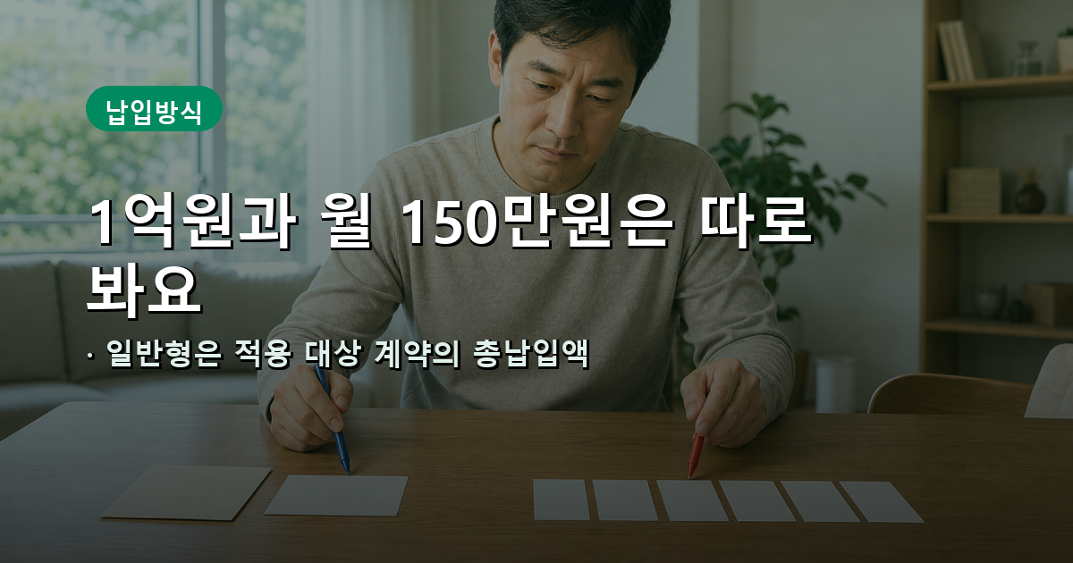 일반형 1억원 기준과 월적립식 월 150만원 기준을 납입방식별로 비교하는 이미지