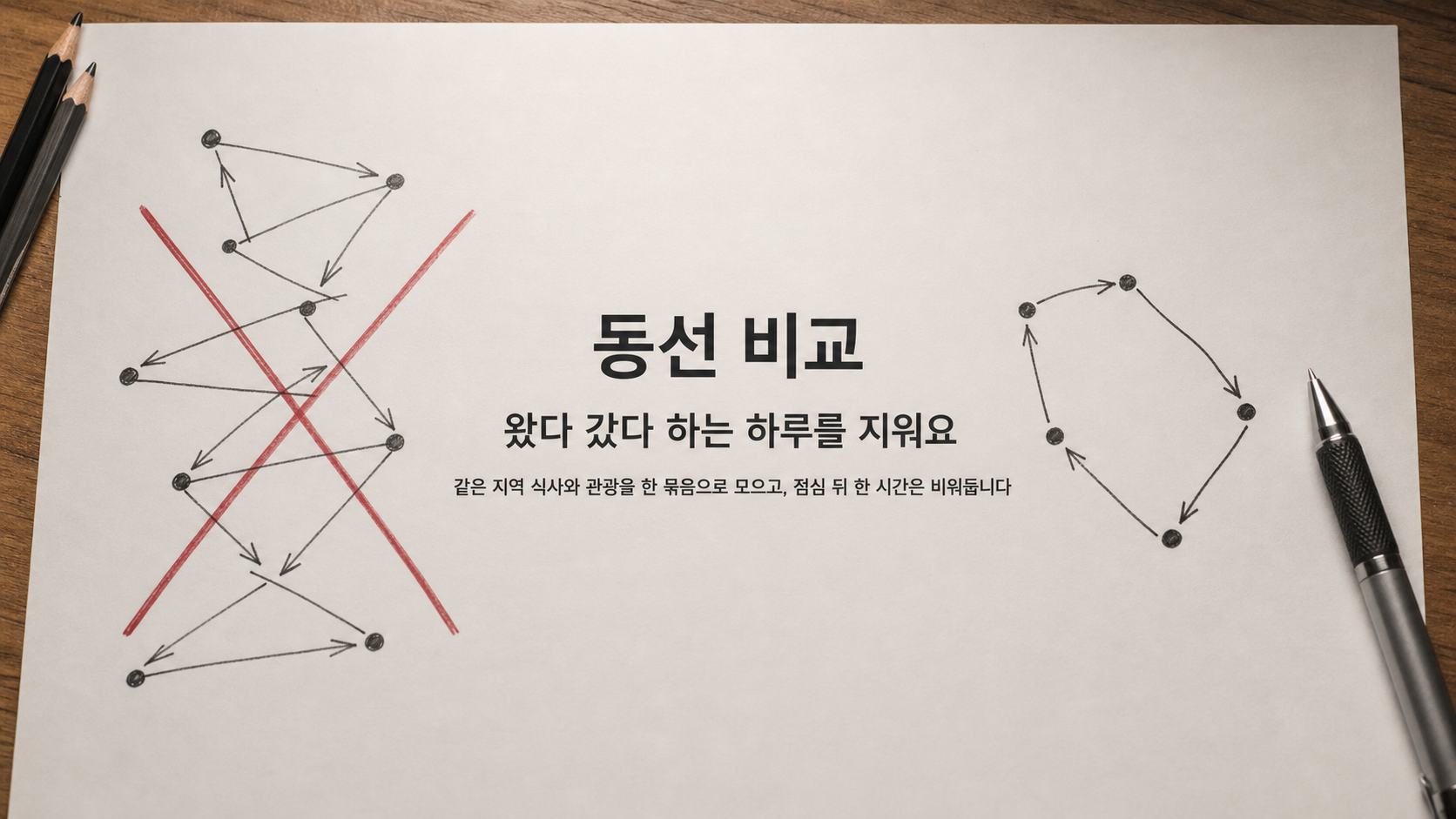 왔다 갔다 하는 하루 동선과 같은 지역으로 묶은 동선을 손그림으로 비교하는 이미지