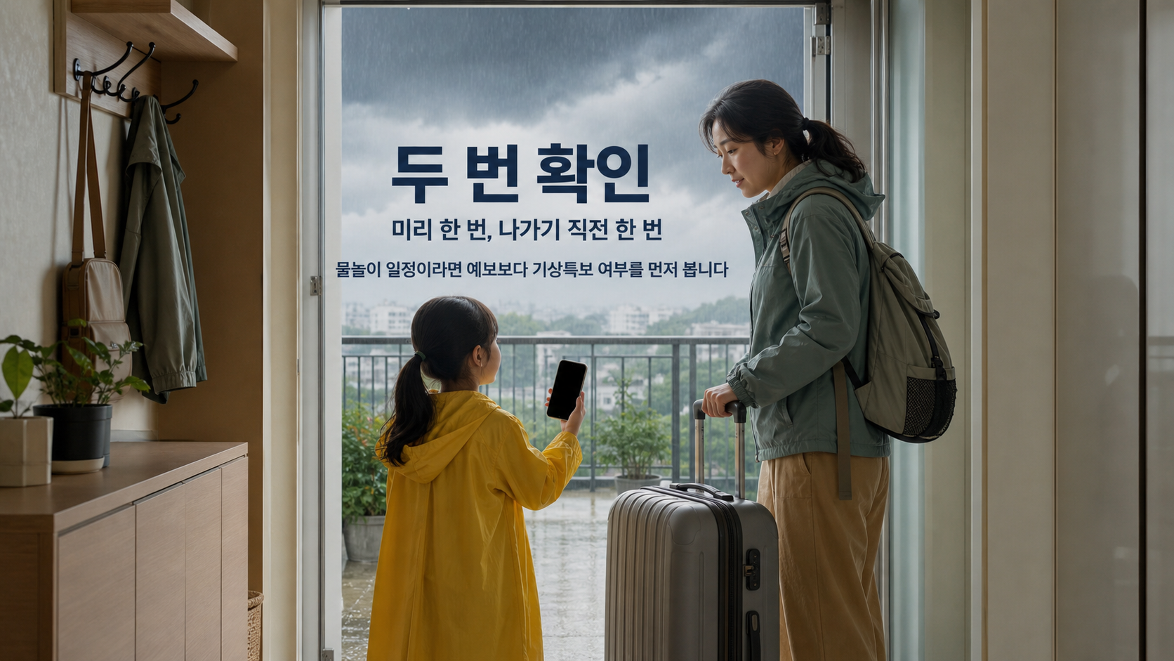 출발 전 캐리어 옆에서 날씨와 기상특보를 다시 확인하는 상황을 보여주는 이미지