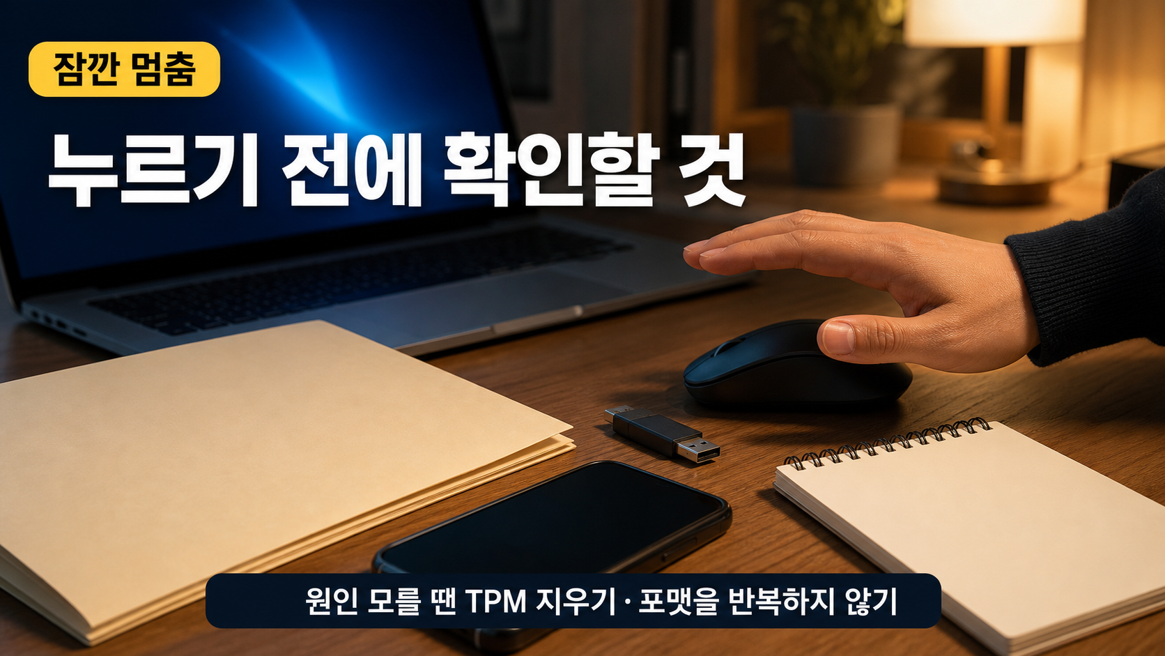 복구키를 찾기 전 초기화를 멈추고 USB와 서류철을 먼저 확인하는 장면