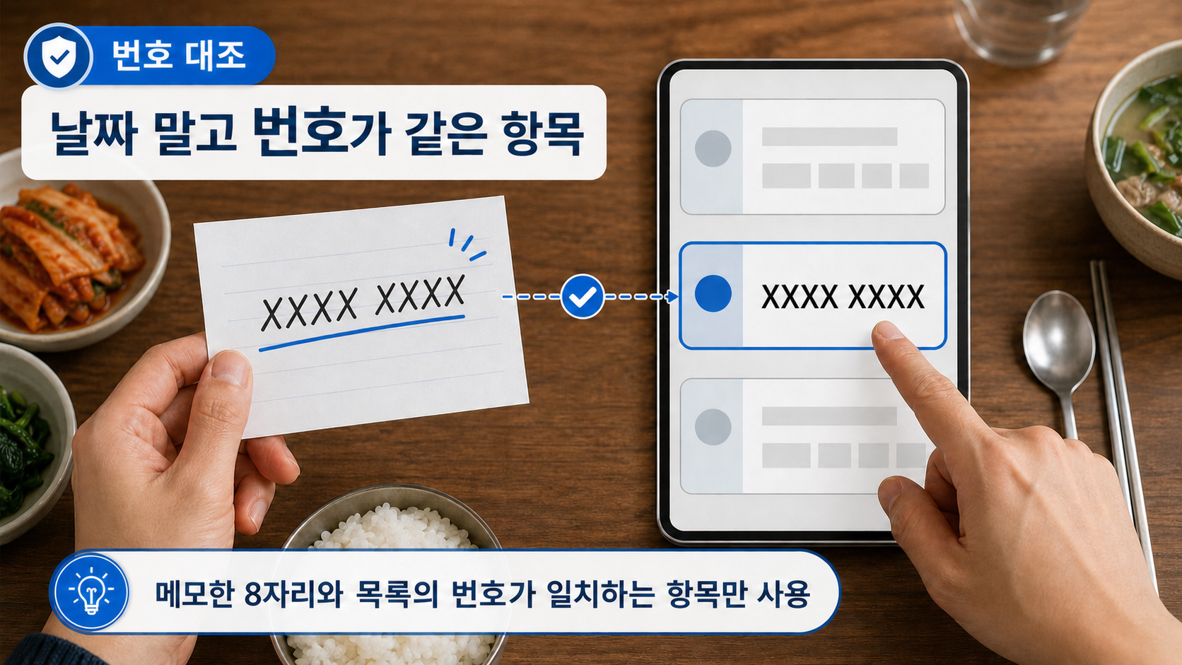 메모한 8자리와 계정 복구키 목록의 번호를 나란히 대조해 한 항목을 고르는 장면