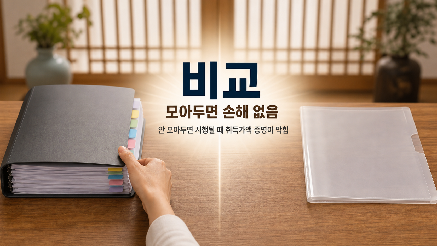 거래내역을 정리해둔 서류철과 비어 있는 파일을 나란히 놓아 자료 보관 여부에 따른 차이를 보여주는 비교 이미지