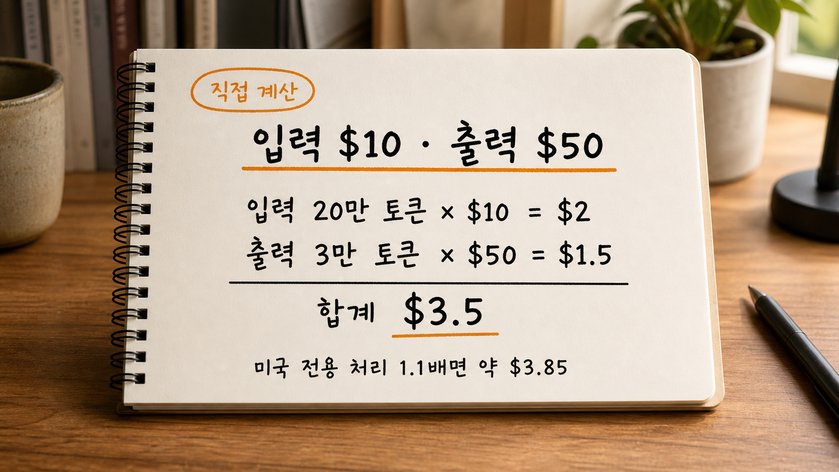입력 20만 토큰과 출력 3만 토큰의 API 비용을 손으로 계산해 3.5달러가 나온 메모 장면