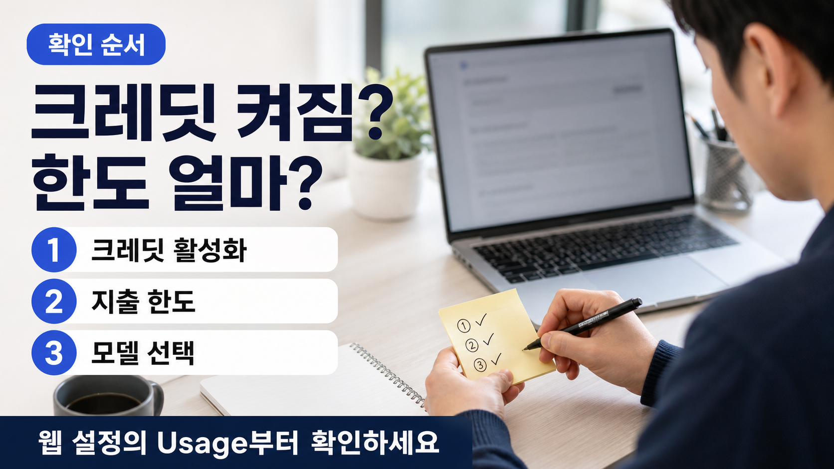 설정의 사용량 화면에서 크레딧 활성화와 지출 한도를 확인하는 순서를 메모에 적은 장면