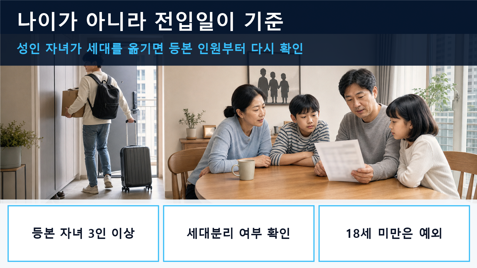 성인 첫째가 세대를 분리해 부모 세대 등본의 자녀 수가 셋에서 둘로 줄어드는 상황을 보여주는 이미지