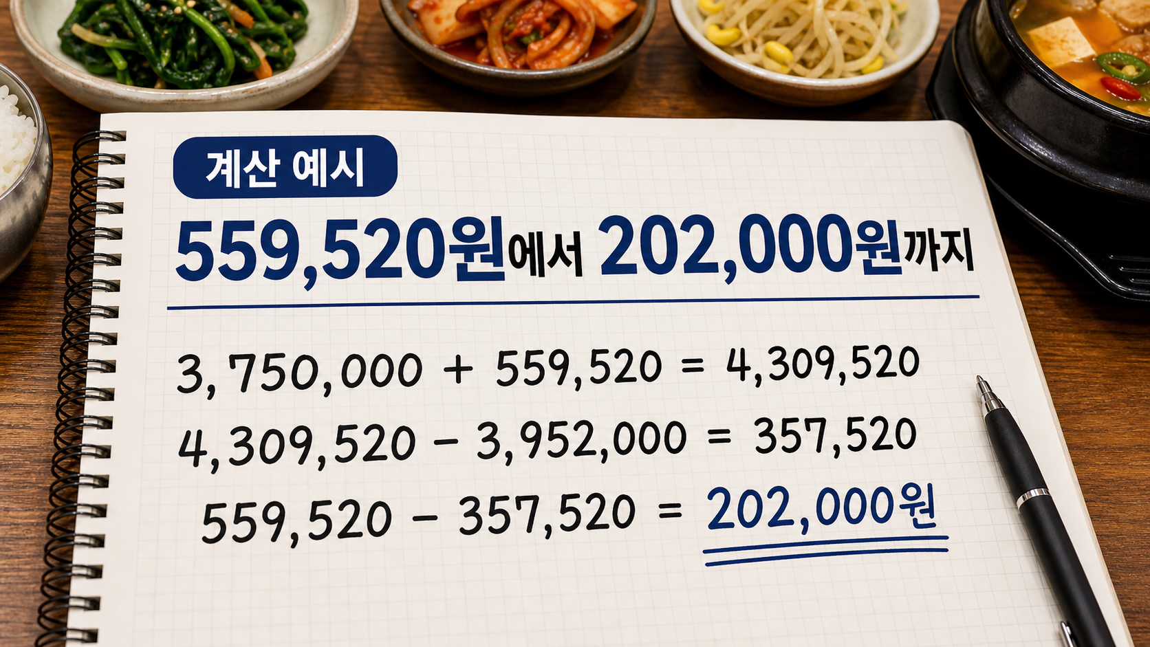 부부감액 뒤 559,520원에서 소득역전방지 초과분을 빼 202,000원이 남는 네 단계 계산 이미지