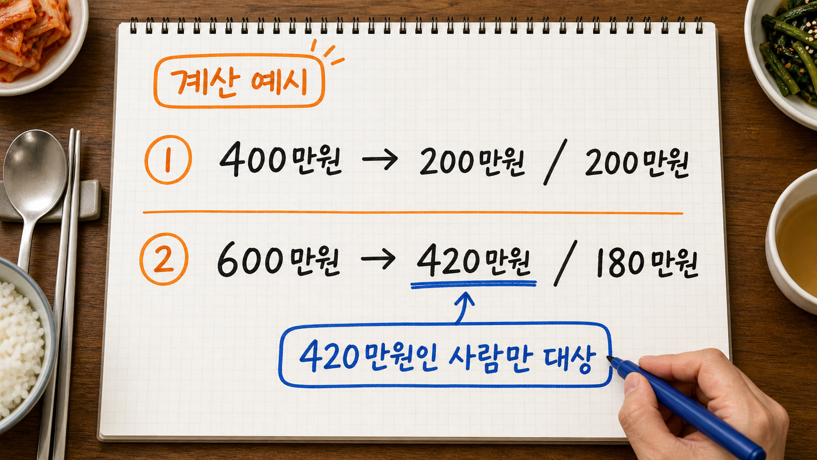 전체 400만원 50대50과 600만원 70대30일 때 개인별 재산세를 손으로 계산해 비교한 메모