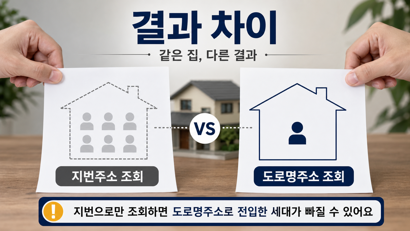 지번주소 조회 결과에는 세대가 없고 도로명주소 조회 결과에는 세대가 나타나는 서류 비교 이미지