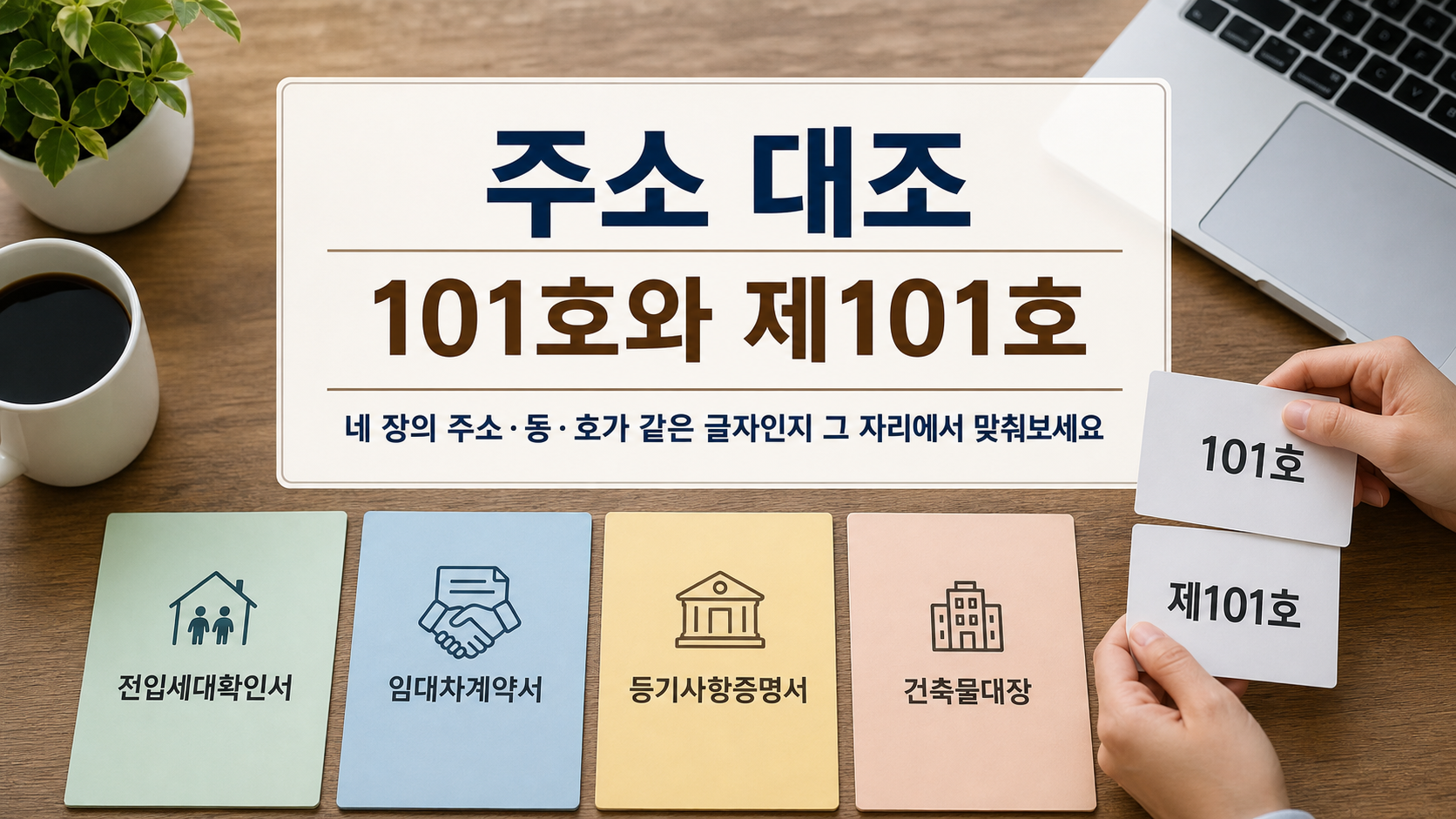 전입세대확인서와 계약서, 등기사항증명서, 건축물대장의 호수 표기를 대조하는 이미지