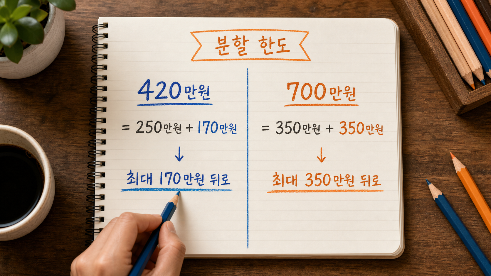 재산세 420만원과 700만원일 때 기한 내 낼 금액과 미룰 수 있는 금액을 나눠 적은 비교 메모