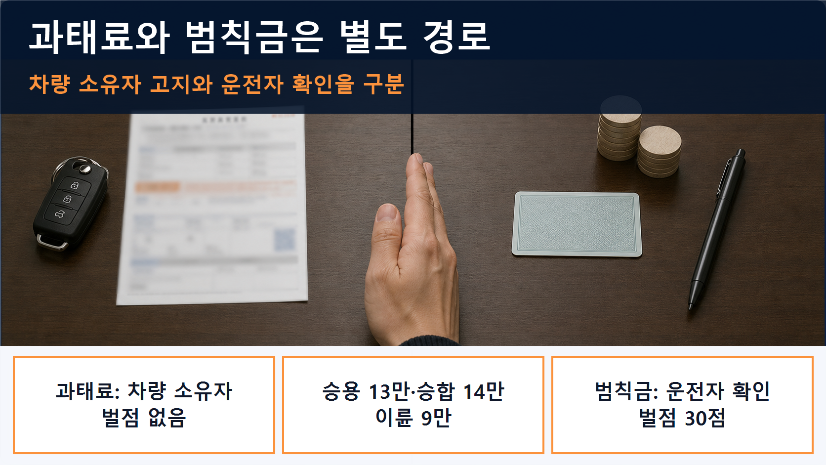 과태료는 벌점 없음, 범칙금은 벌점 30점이라는 두 선택지를 고지서와 운전면허증으로 나눠 비교한 이미지