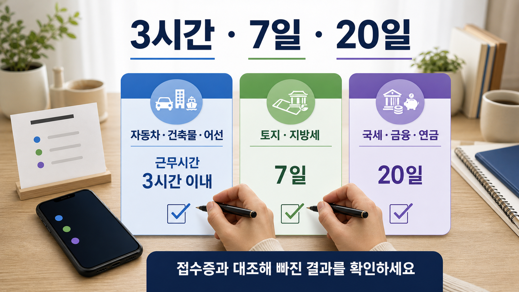 자동차 즉시, 토지 지방세 7일, 국세 금융 20일로 나뉜 처리기간을 접수증과 대조하는 비교 이미지