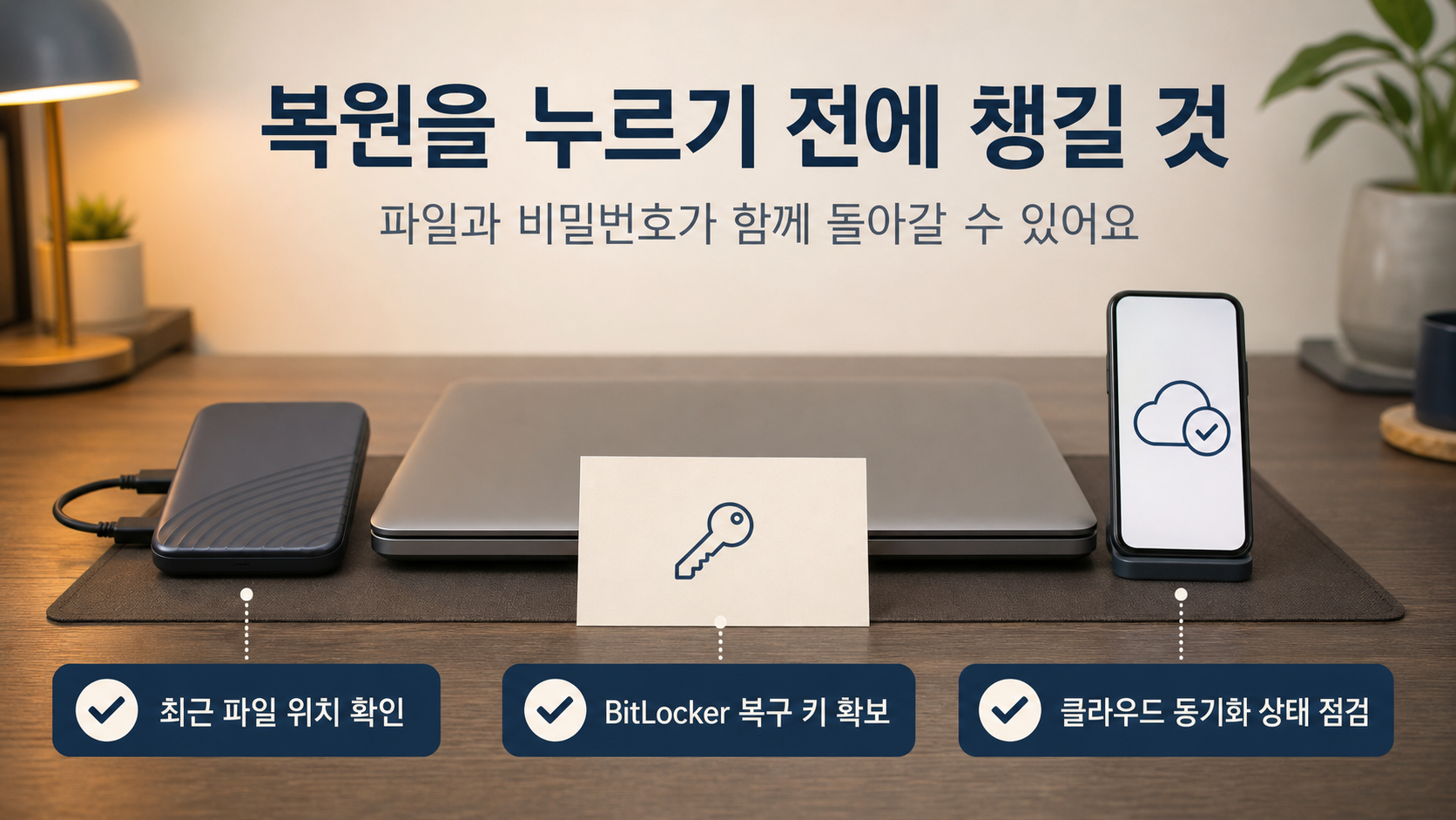 복원 전에 최근 파일 위치, BitLocker 복구 키 메모, 클라우드 동기화 상태를 나란히 점검하는 장면