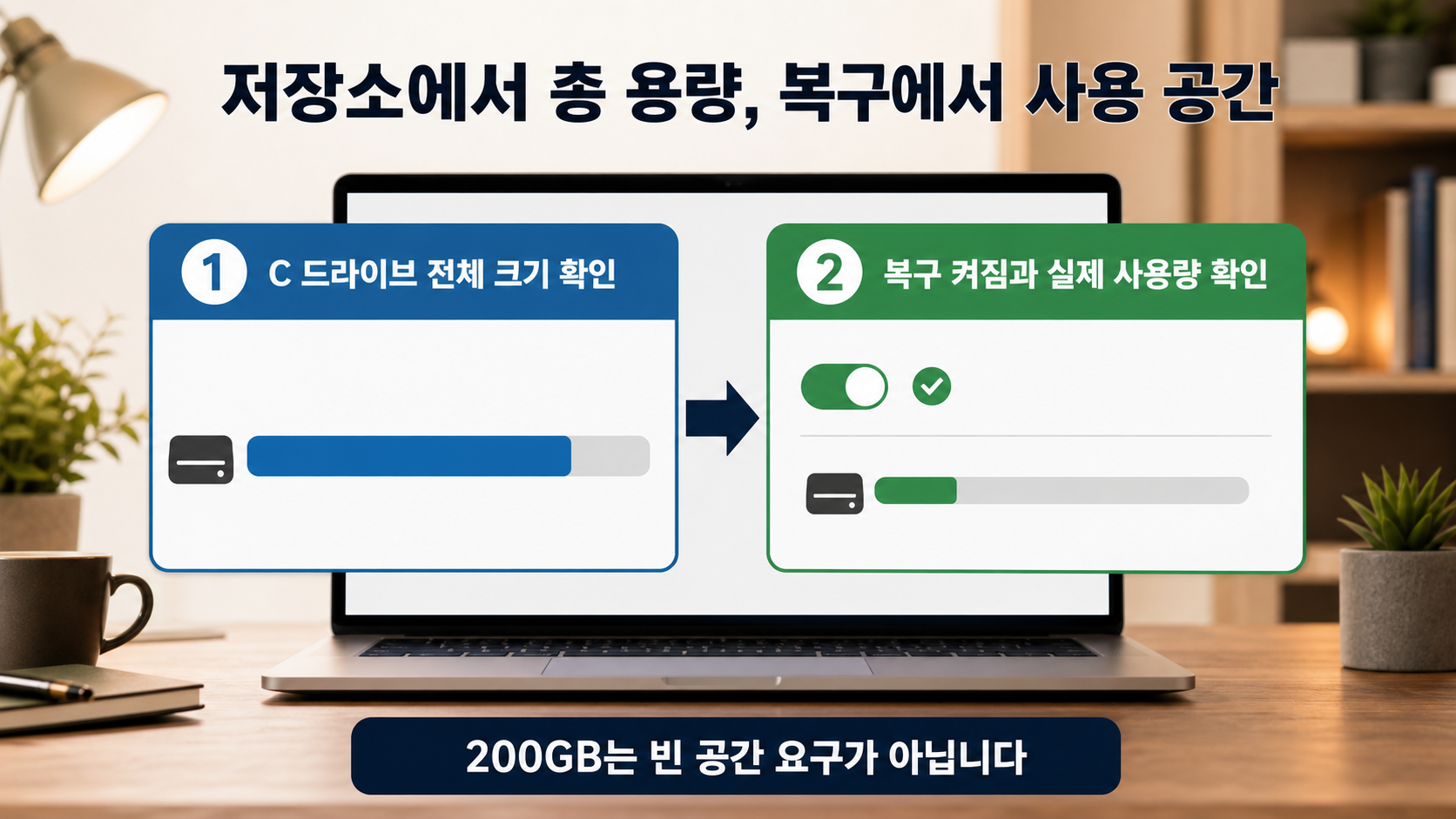 노트북 저장소 화면에서 C 드라이브 전체 크기를 확인하고 복구 항목의 켜짐 여부와 사용 공간을 보는 두 단계 확인 장면