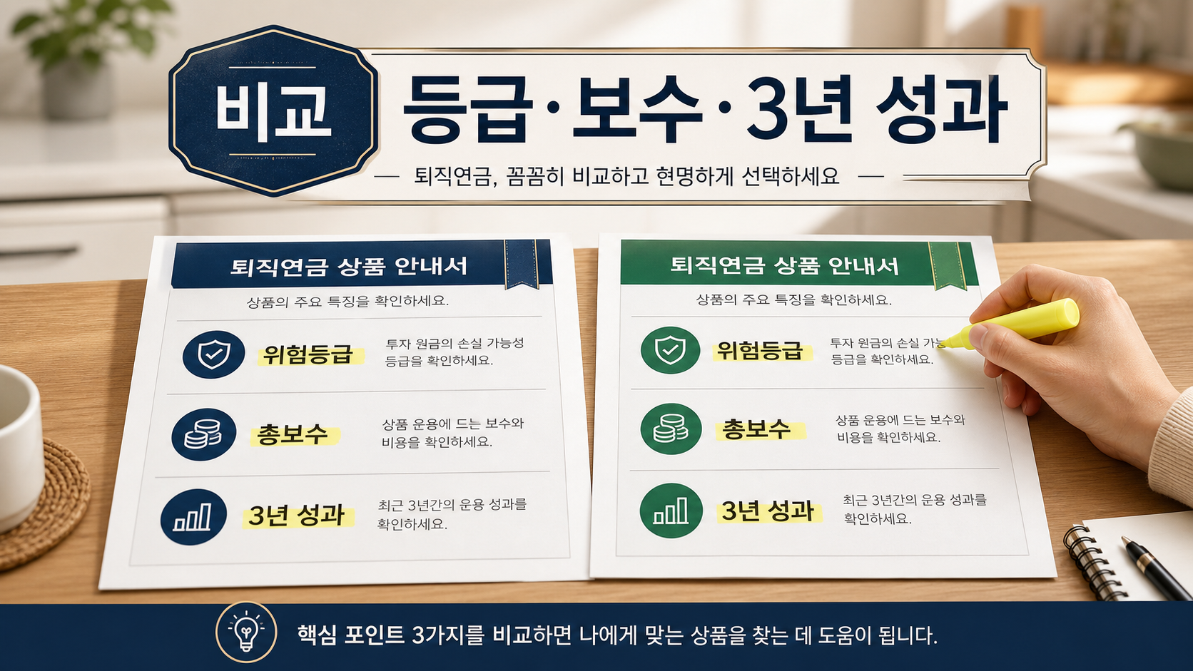 대체 상품을 위험등급·총보수·3년 성과 세 기준으로 비교하는 모습을 담은 이미지