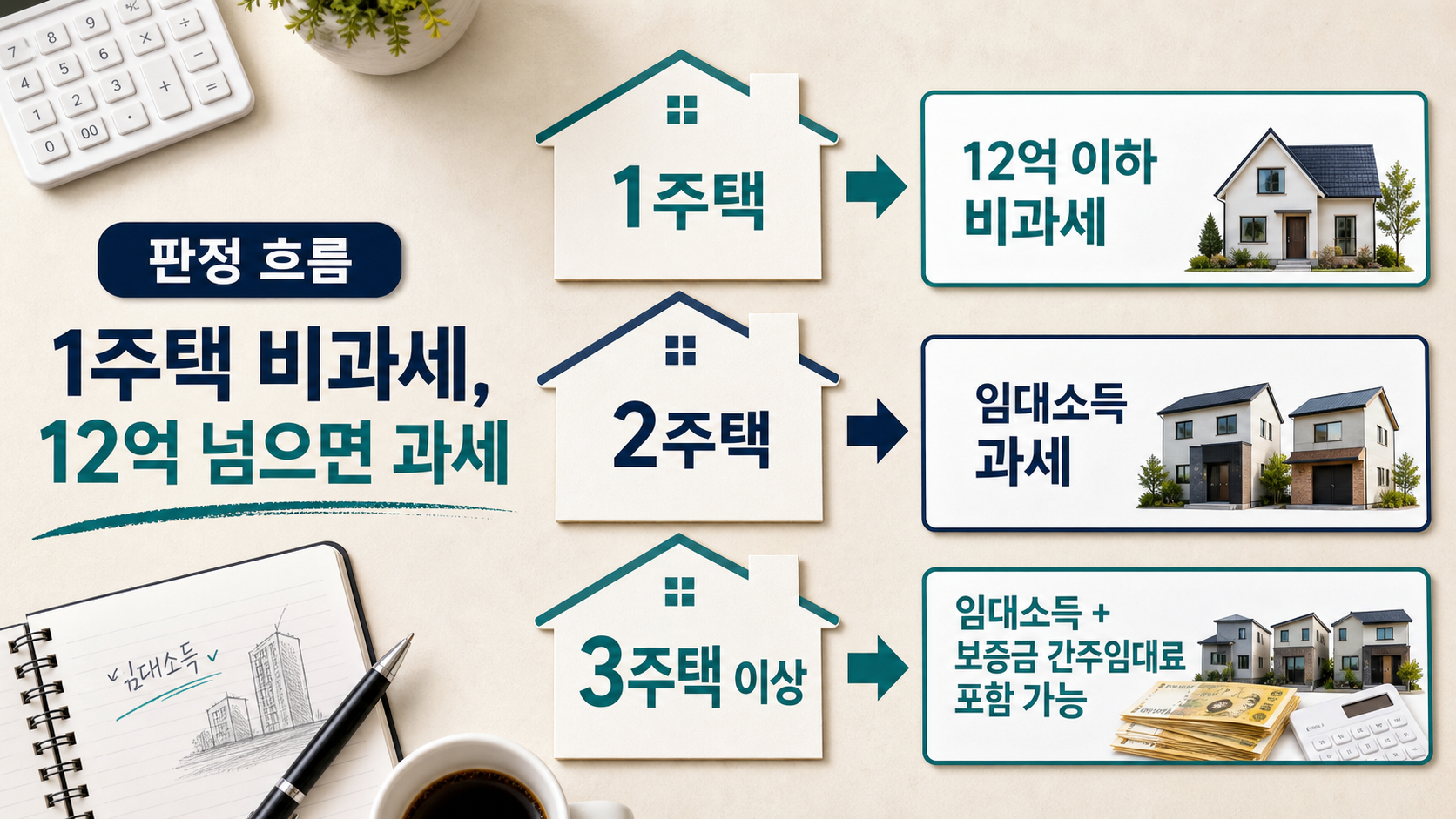부부합산 주택 수와 기준시가 12억원으로 주택임대소득 과세 여부를 가르는 판정 흐름 이미지