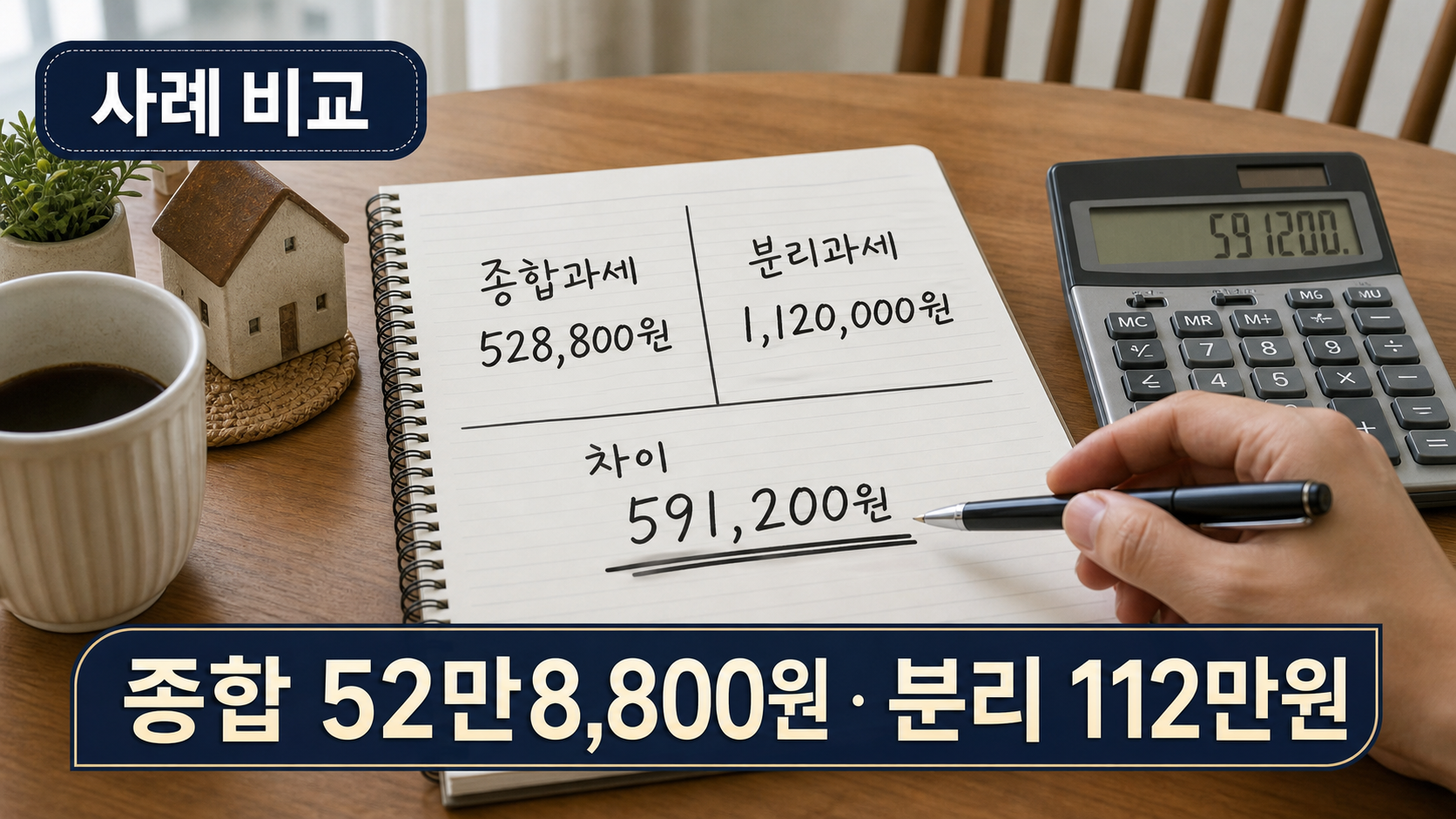 국세청 2025년 귀속 사례의 종합과세 528,800원과 분리과세 1,120,000원 결정세액 비교 계산 이미지