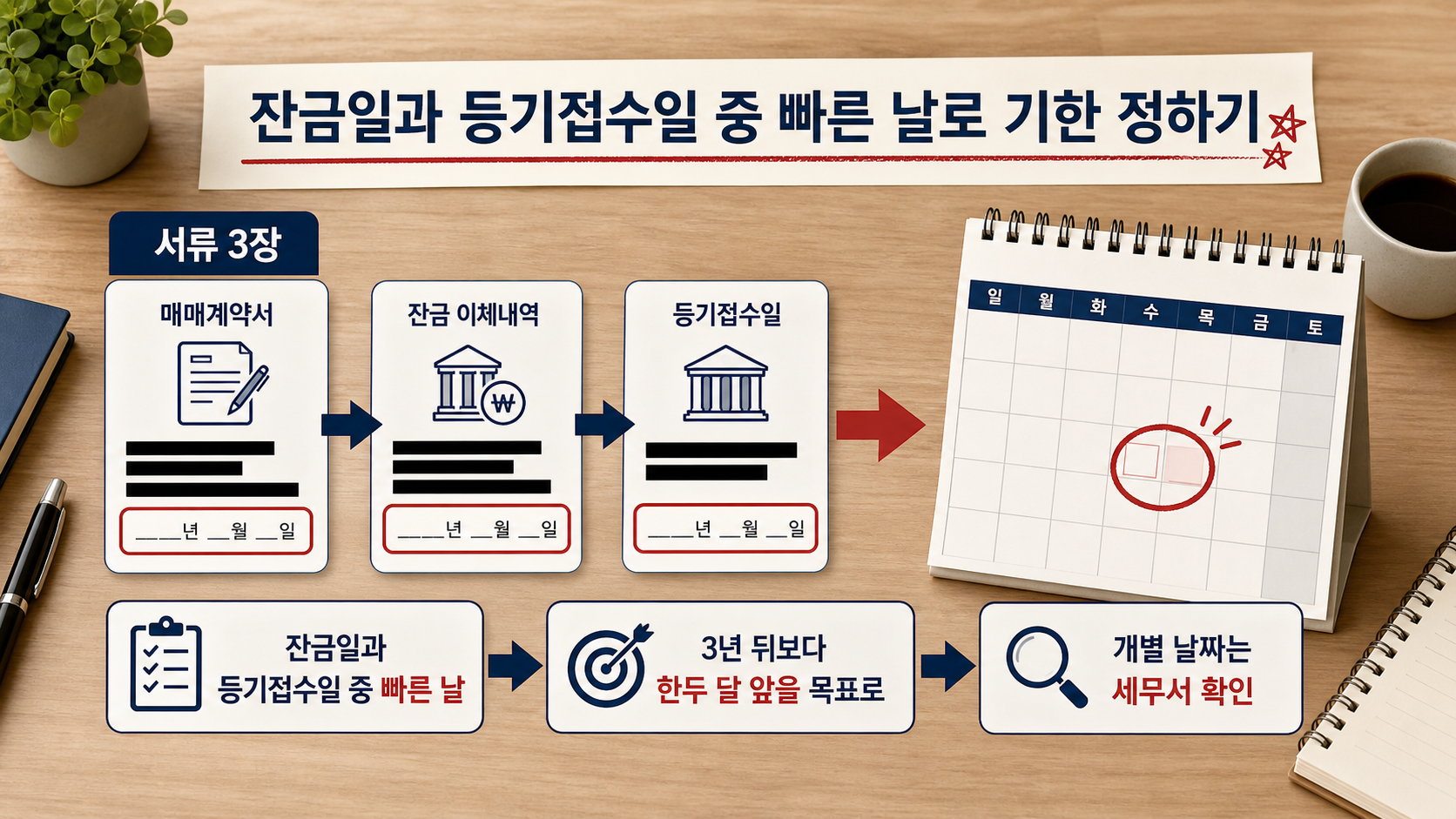 매매계약서·잔금 이체내역·등기사항증명서에서 날짜를 뽑아 처분기한 달력을 만드는 과정 이미지