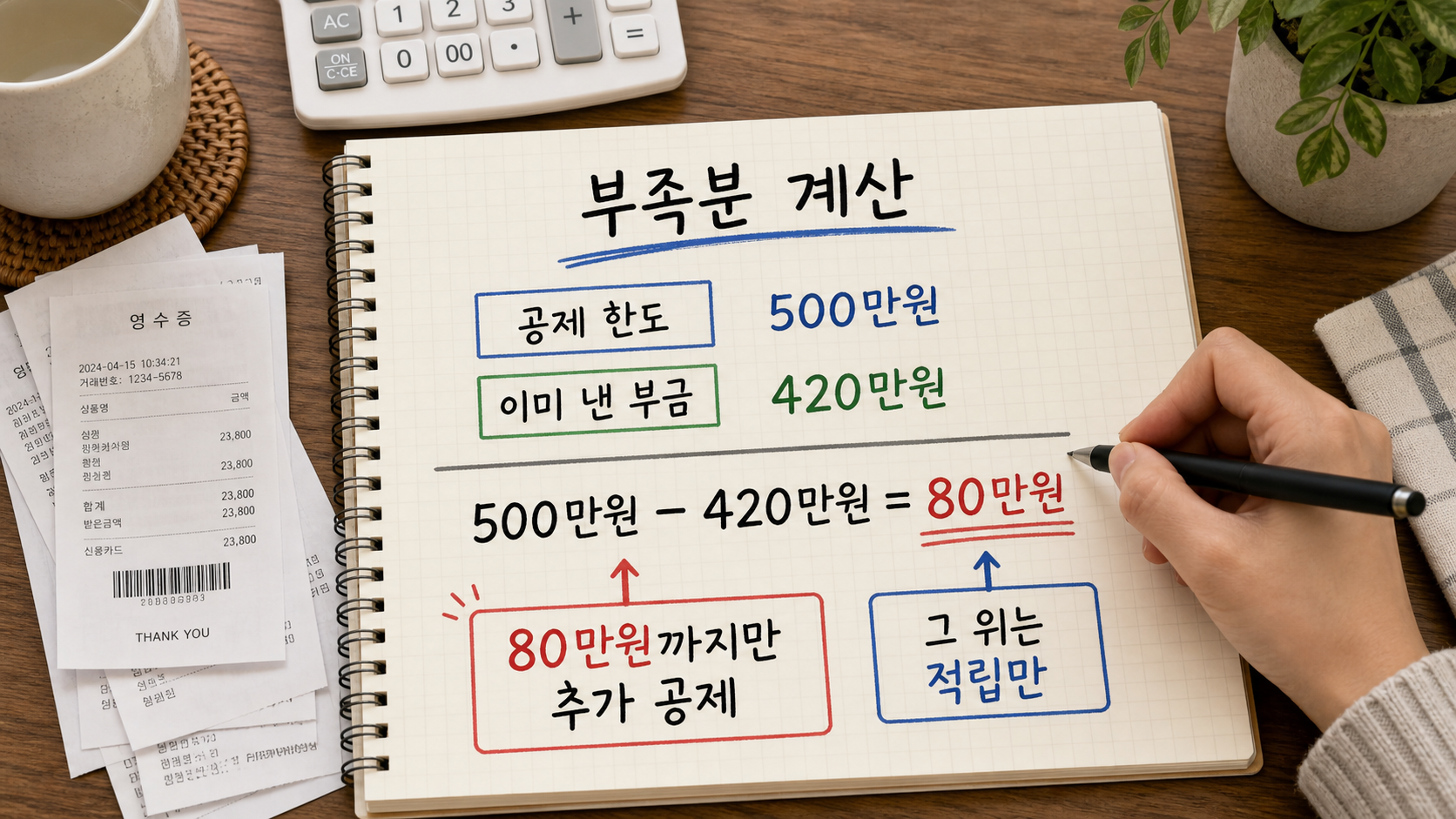 공제 한도 500만원에서 이미 낸 420만원을 빼 추가 공제가 붙는 80만원을 계산하는 본문 이미지