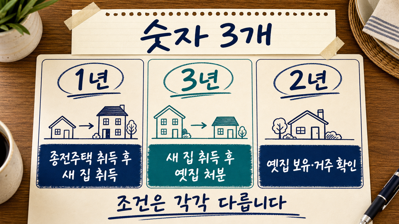 일시적 2주택 비과세의 1년·3년·2년 조건을 나란히 비교한 손글씨 정리 이미지