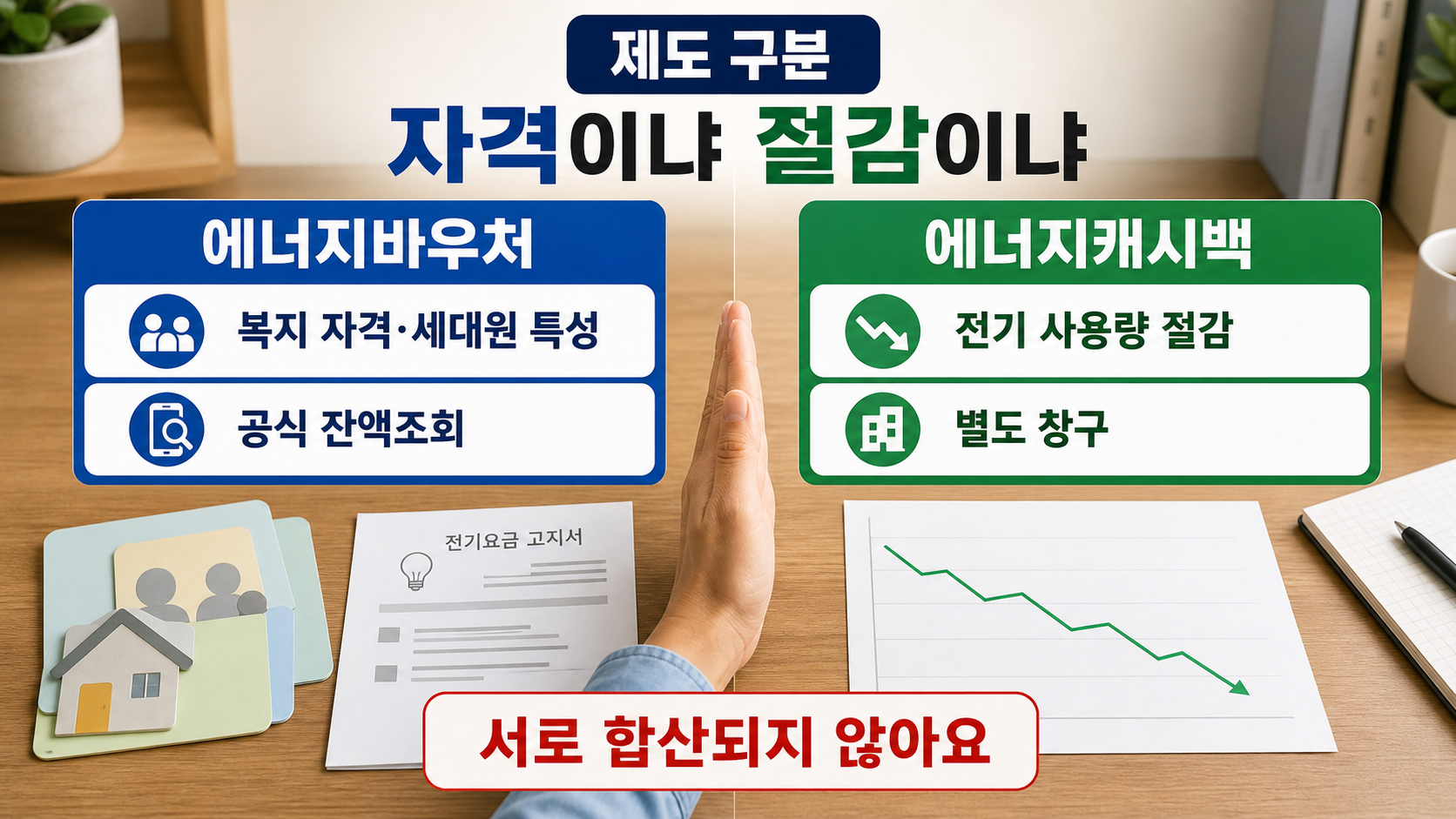 에너지바우처는 복지 자격, 에너지캐시백은 전기 절감 실적으로 갈린다는 비교 이미지