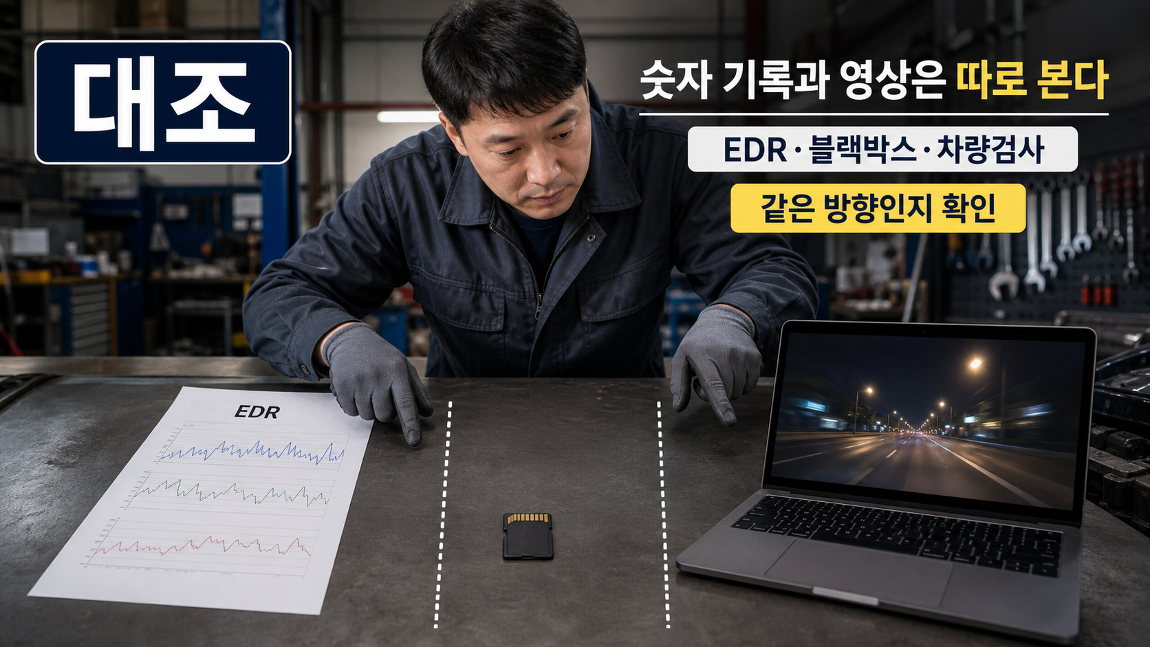 EDR 추출 보고서와 블랙박스 영상을 나란히 놓고 대조하는 장면으로 기록값 하나만으로 결론을 내리지 않는다는 설명을 보완하는 이미지