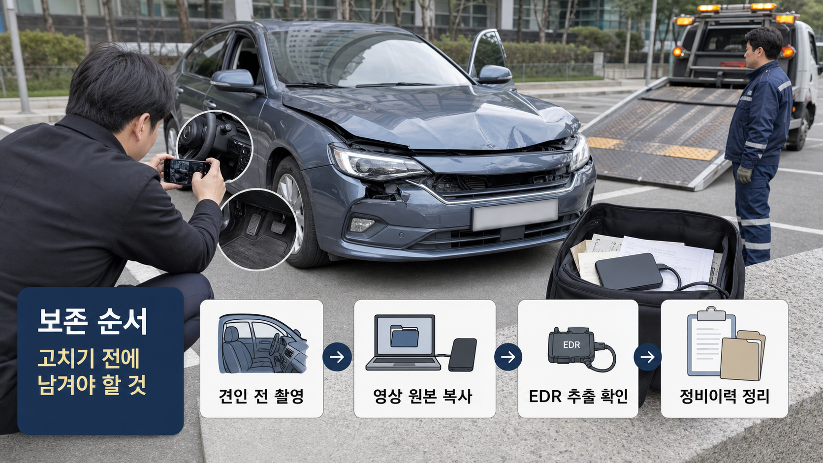 견인 전 차량 촬영과 영상 원본 복사, 정비이력 정리 순서를 보여주는 사고 직후 보존 절차 이미지
