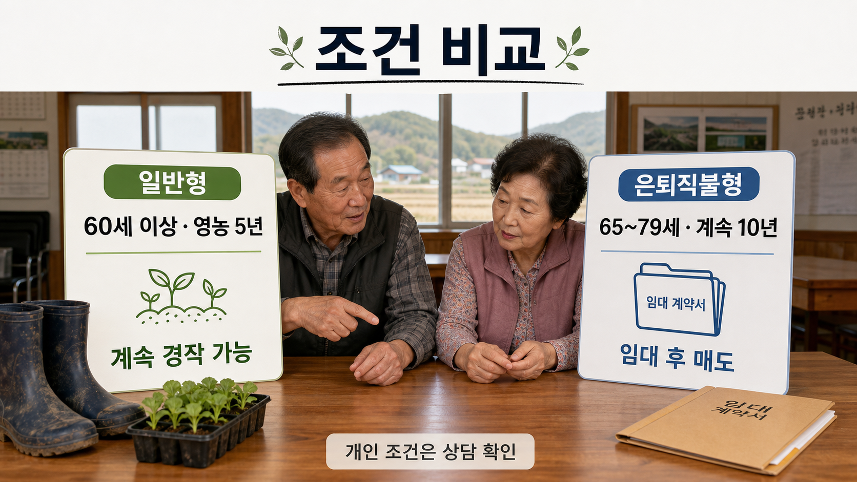 일반형과 은퇴직불형의 나이·영농경력·농지 요건을 좌우로 비교한 이미지