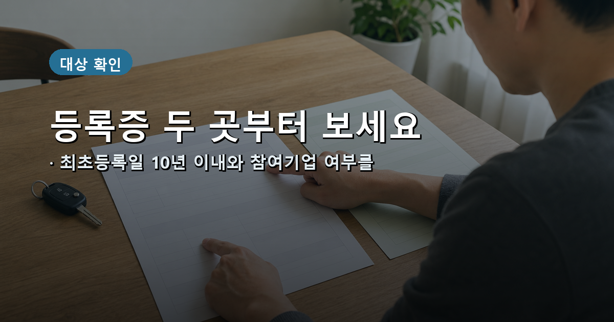 자동차등록증의 최초등록일과 제작사·수입사명을 확인하는 순서를 보여주는 이미지
