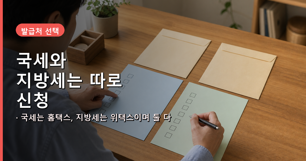 국세는 홈택스, 지방세는 위택스에서 각각 신청하는 기준을 보여 주는 비교 이미지