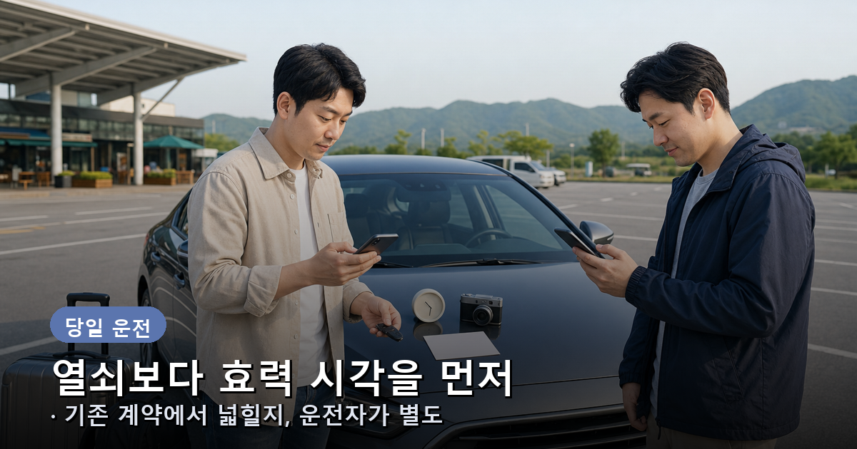 일반 임시운전자 특약과 실시간 특약, 원데이 자동차보험의 효력 시작 방식을 비교하는 장면