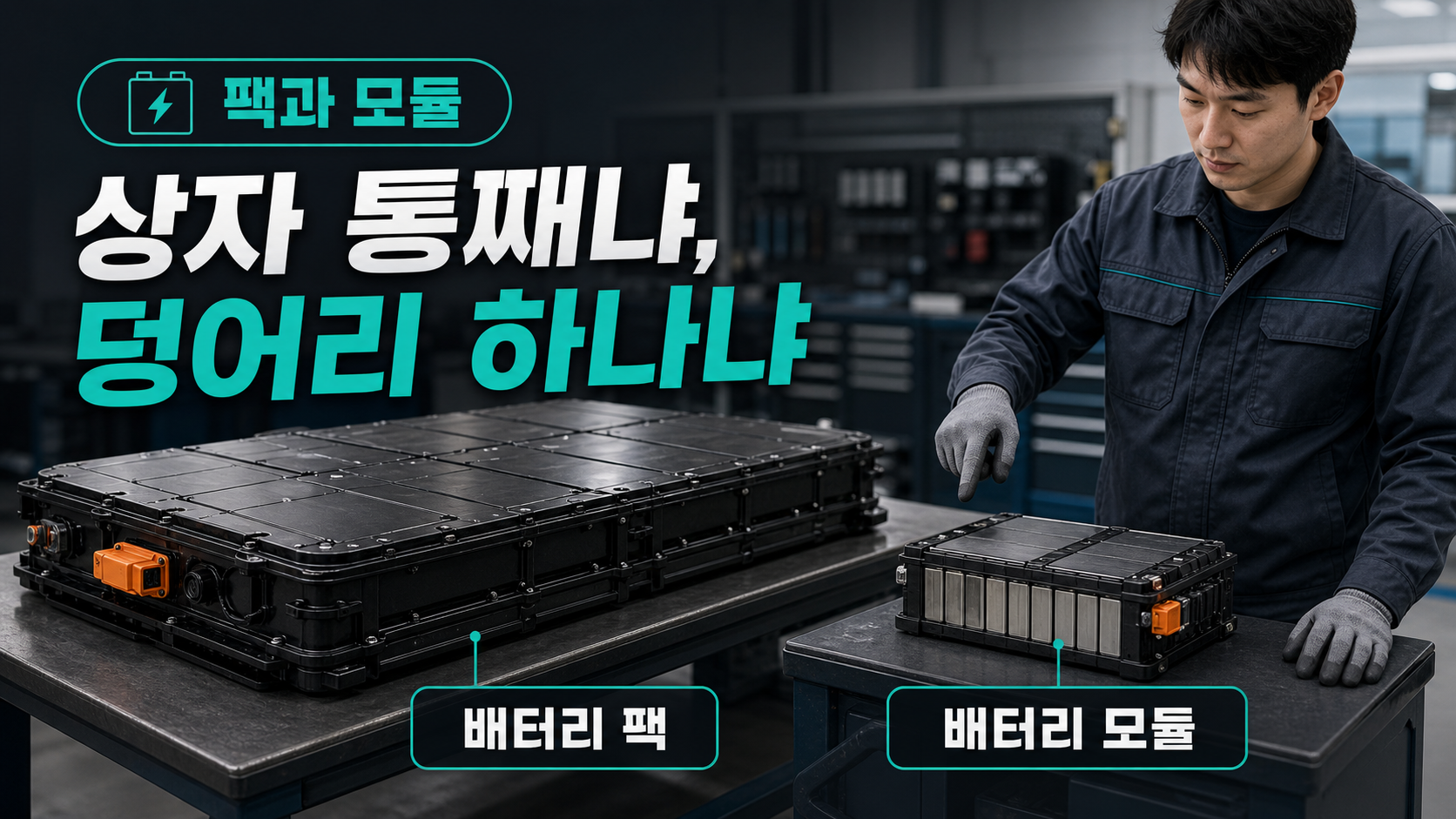 차에서 내린 배터리 팩 전체와 거기서 분리한 모듈 한 덩어리를 나란히 놓고 비교한 이미지