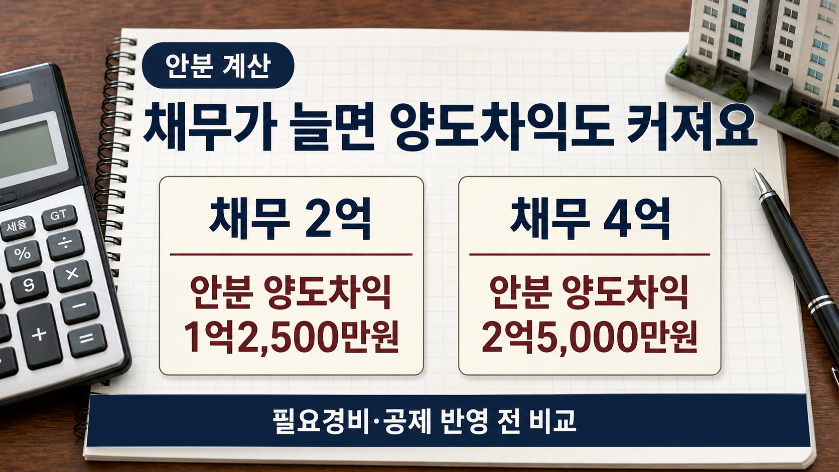 취득가 3억 원 8억 원 아파트에서 채무 2억 원과 4억 원일 때 안분 양도차익을 비교 계산한 손글씨 노트 이미지