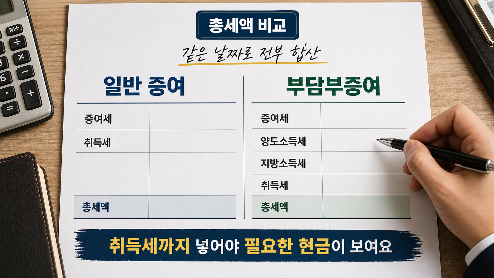 일반 증여와 부담부증여의 총세액 항목을 좌우로 나눠 적어 비교하는 메모 이미지