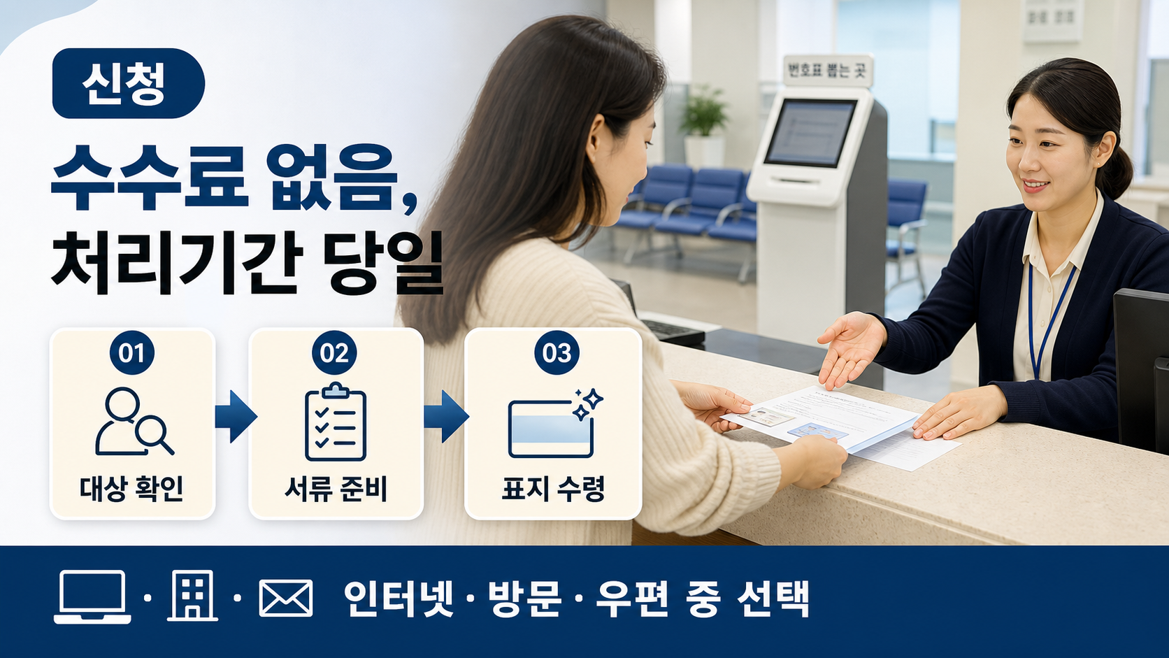 행정복지센터 창구에서 장애인 자동차표지를 신청하는 절차 안내 이미지