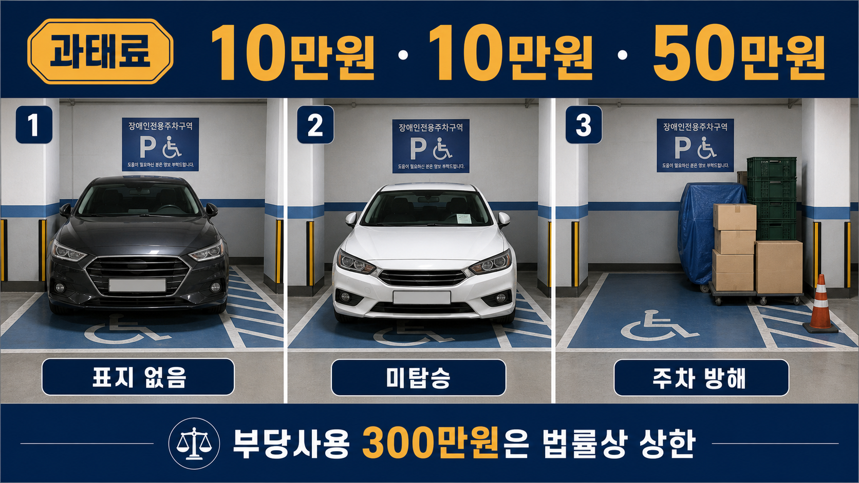 장애인전용주차구역 위반 유형별 과태료 10만원과 50만원을 비교한 이미지