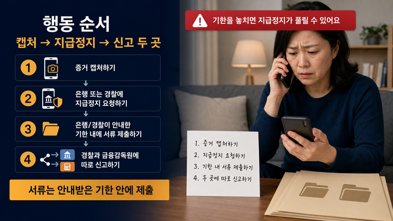 입금 후 증거 캡처와 지급정지 요청, 신고 두 곳으로 이어지는 행동 순서 이미지