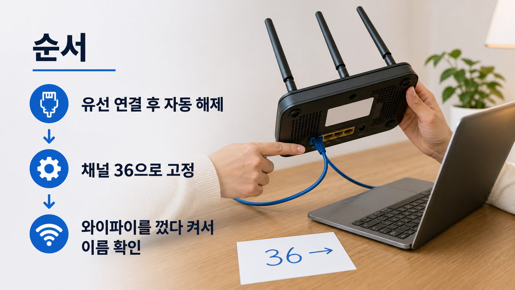 노트북에 유선 랜을 연결하고 공유기 라벨의 관리자 주소를 확인하며 채널을 36으로 고정하기 직전의 준비 장면