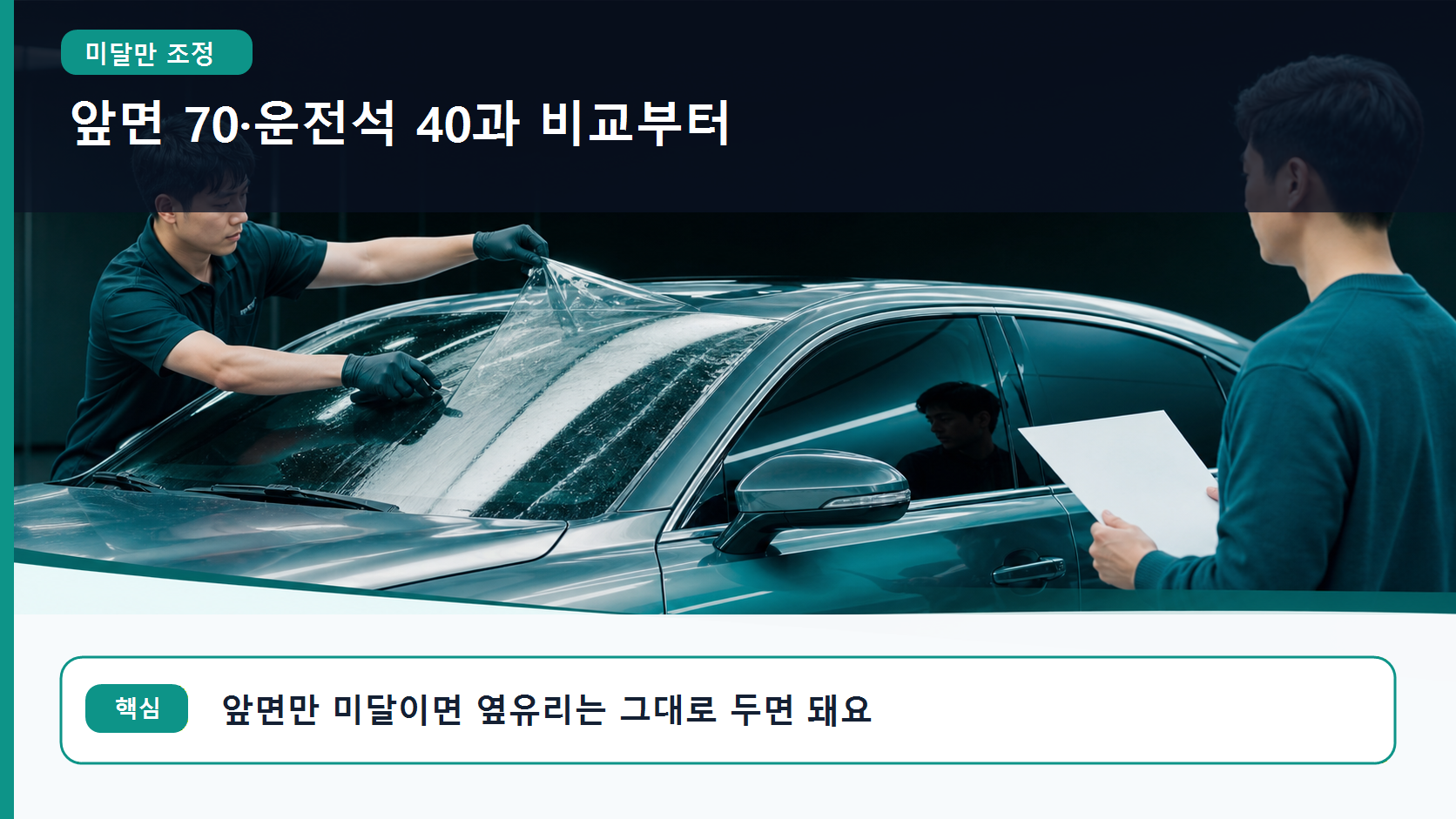 앞유리 필름만 걷어내며 미달 부위만 조정하는 재시공 순서를 보여주는 이미지