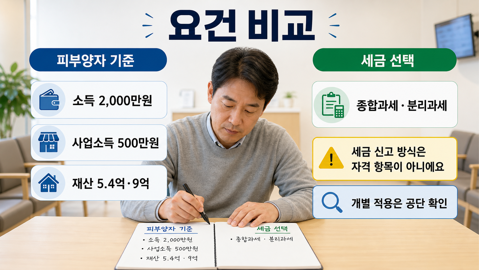 피부양자 소득·사업소득·재산 요건과 세금 신고 방식이 서로 다른 기준임을 노트에 나눠 적어 비교한 장면